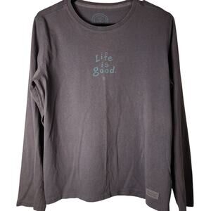 Life is Good Long Sleeve Tee Womens Medium Gray & Blue Flower on Back Right Side